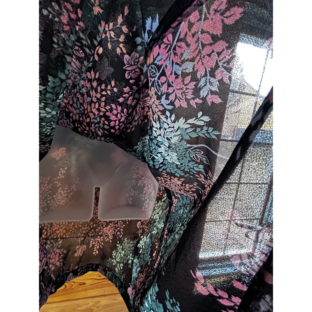 Vintage Sears Butterfly‎ Floral Print Dress Long Sleeve Elastic Waist Black Pink - Picture 9 of 12
